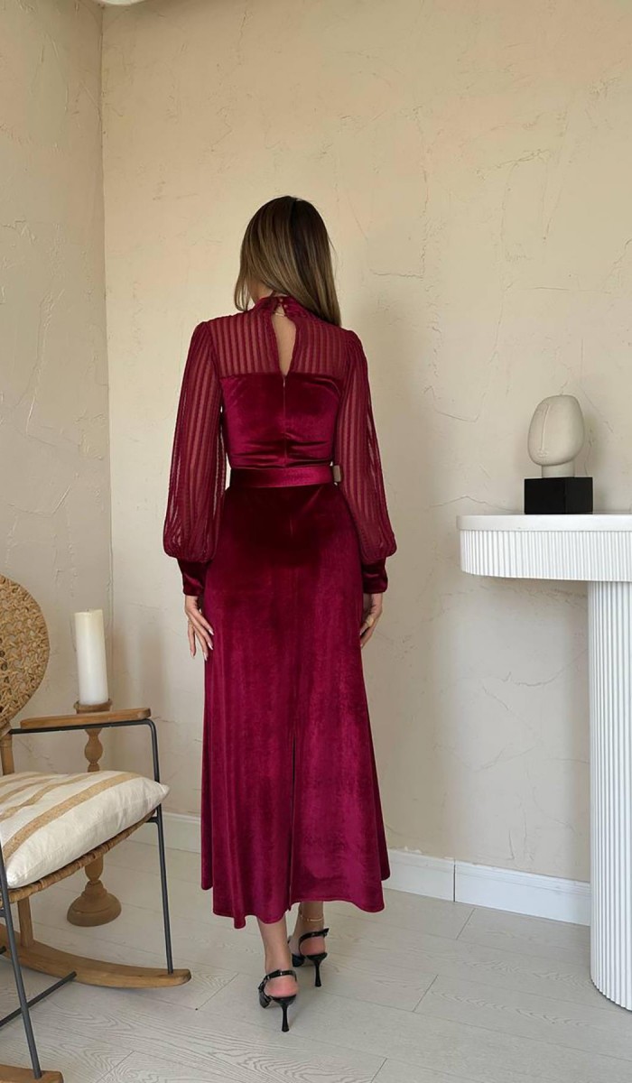 Bordo Kadife Dantel Detaylı Elbise L