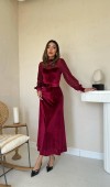 Bordo Kadife Dantel Detaylı Elbise L