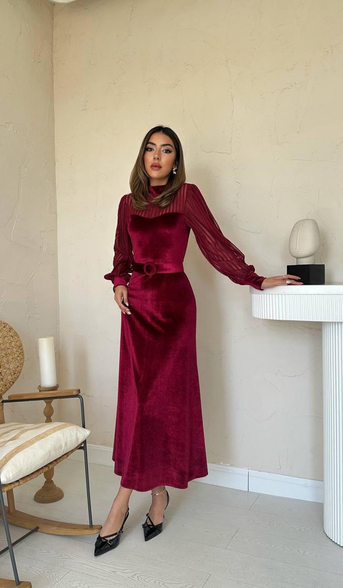 Bordo Kadife Dantel Detaylı Elbise L Bordo Kadife Dantel Detaylı Elbise L