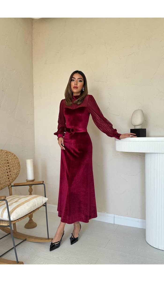 Bordo Kadife Dantel Detaylı Elbise L