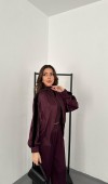 Bordo Kadife Şeritli Saten Eşofman Takımı L