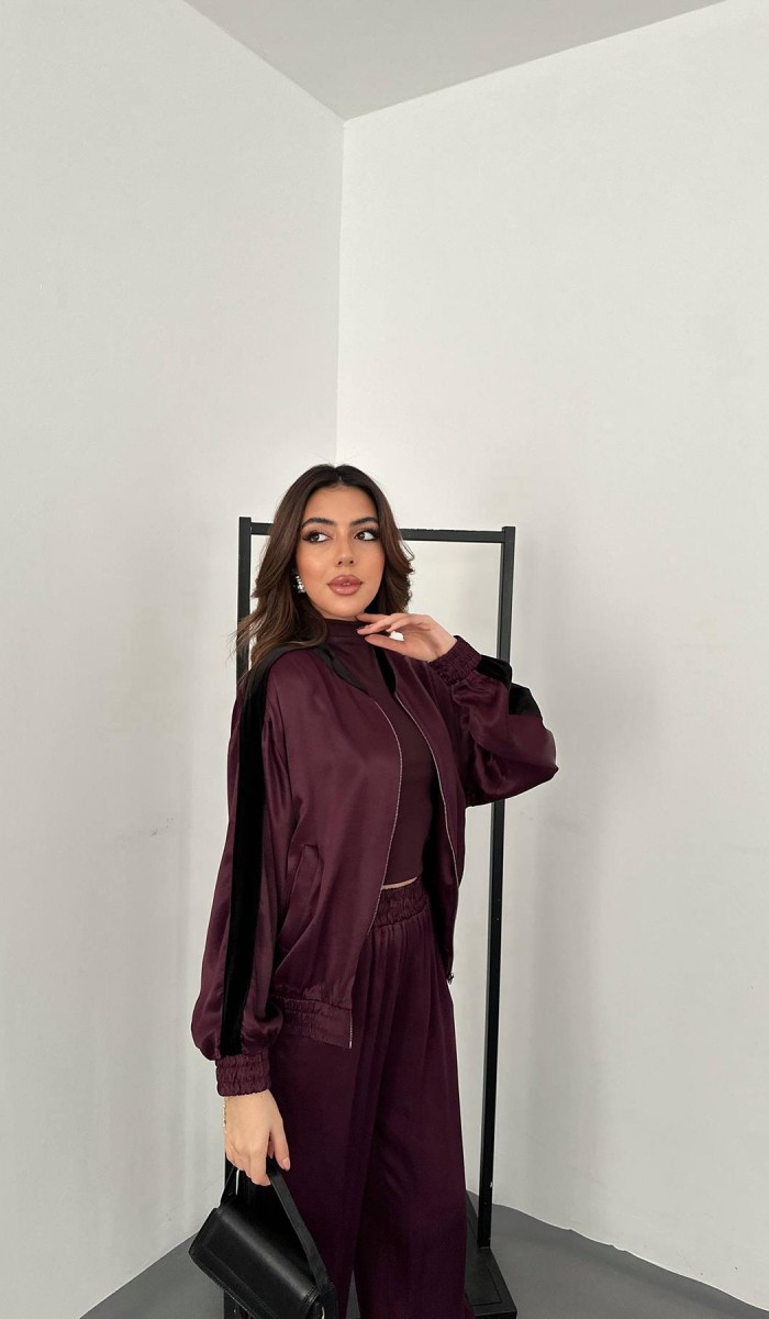 Bordo Kadife Şeritli Saten Eşofman Takımı L