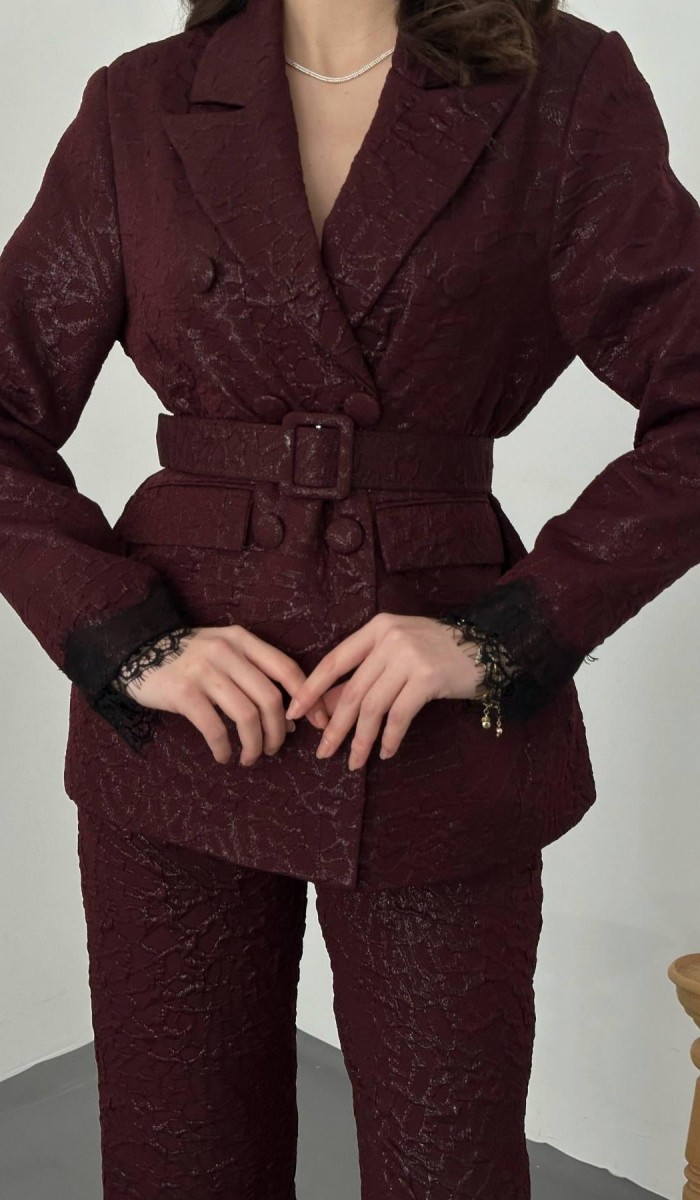 Bordo Kolları Dantelli Takım L