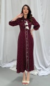 37769 - Bordo Önü Patlı Puantiyeli Elbise L Bordo Önü Patlı Puantiyeli Elbise L