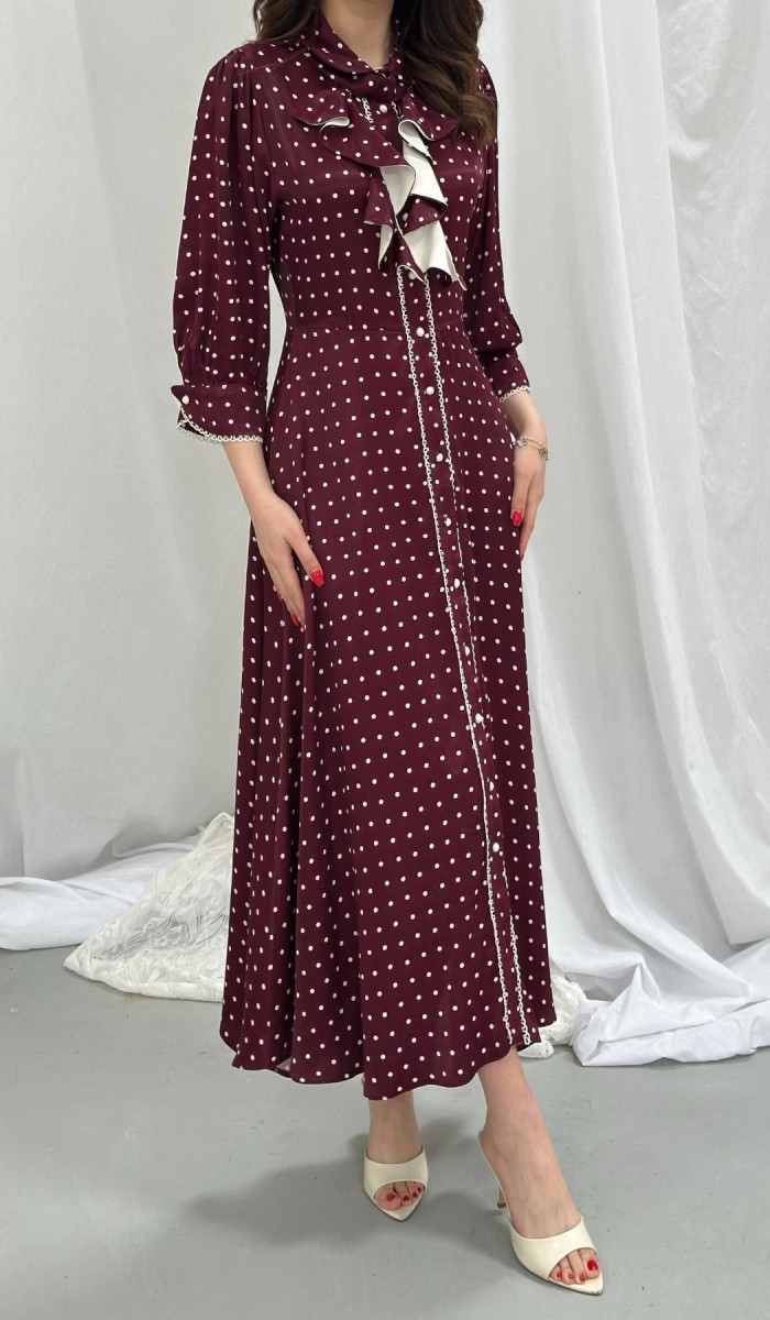 37769 - Bordo Önü Patlı Puantiyeli Elbise L Bordo Önü Patlı Puantiyeli Elbise L