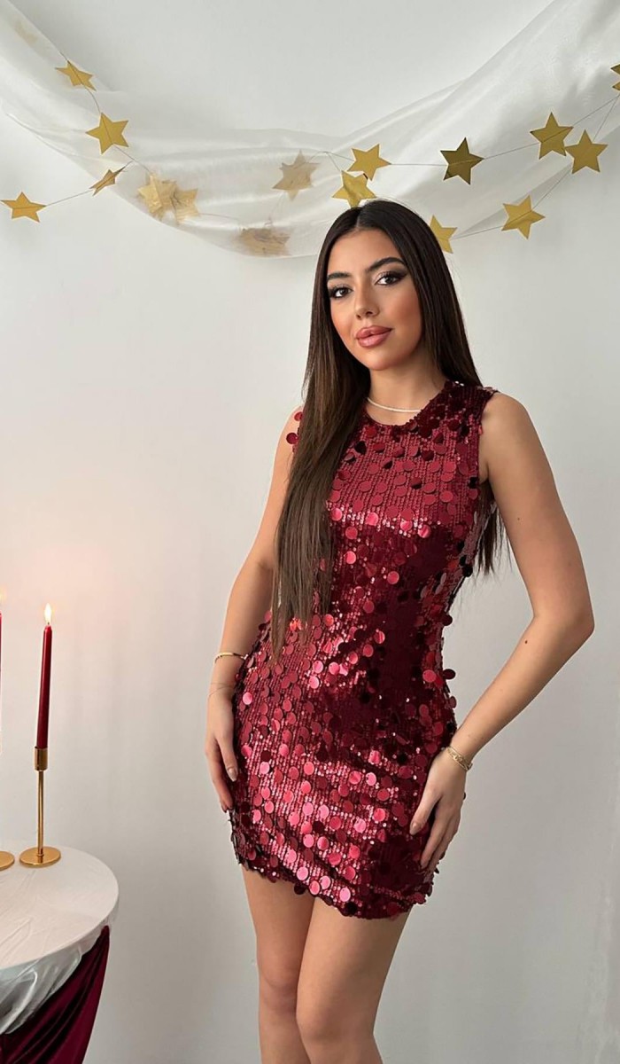 37541 - Bordo Payetli Elbise L Bordo Payetli Elbise L