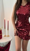 Bordo Payetli Elbise L