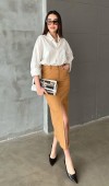 Camel Gabardin Boyamalı Püsküllü Etek L