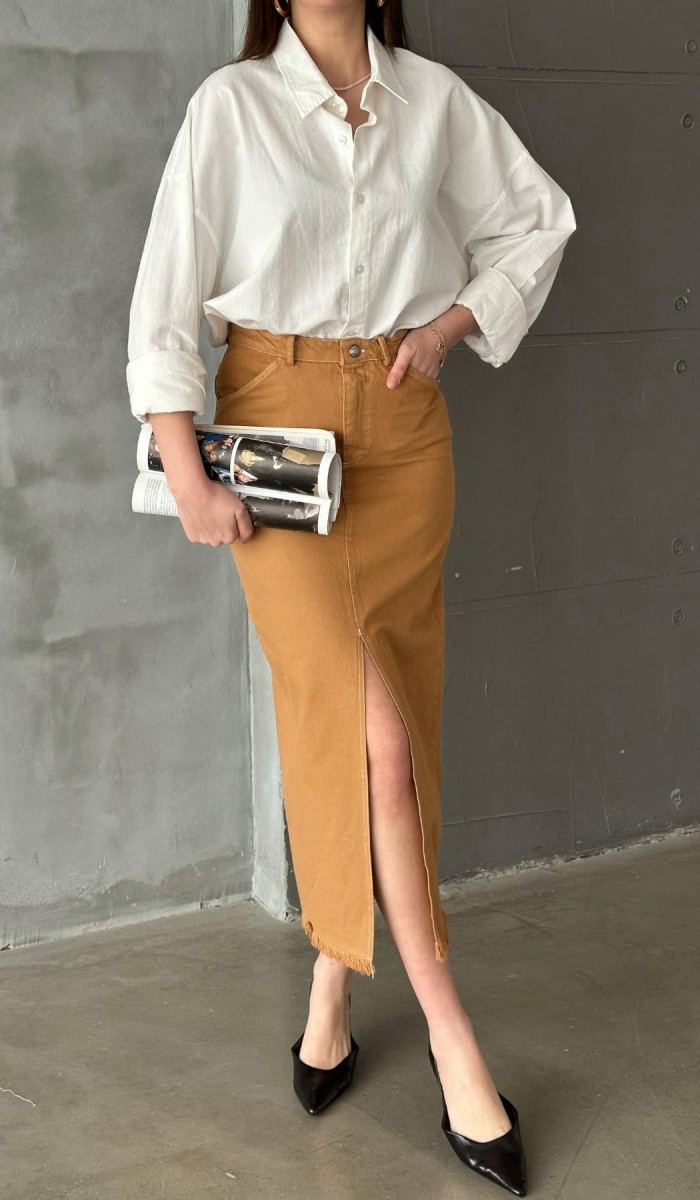 Camel Gabardin Boyamalı Püsküllü Etek L