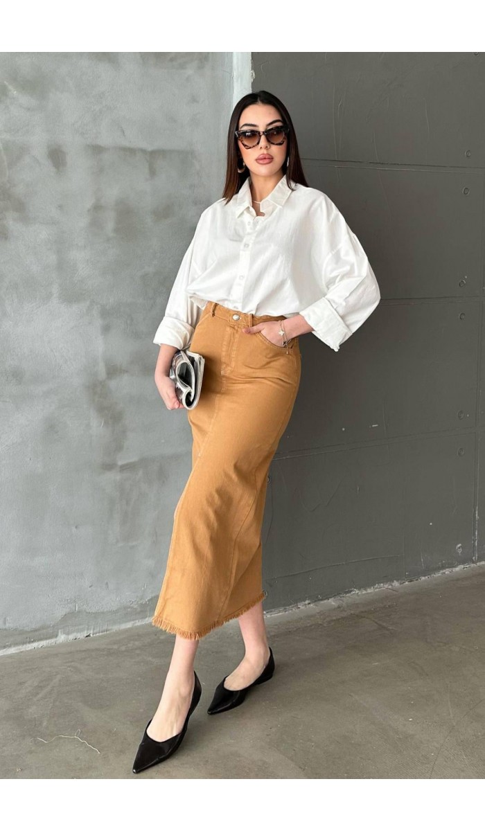 Camel Gabardin Boyamalı Püsküllü Etek L