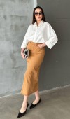 Camel Gabardin Boyamalı Püsküllü Etek L