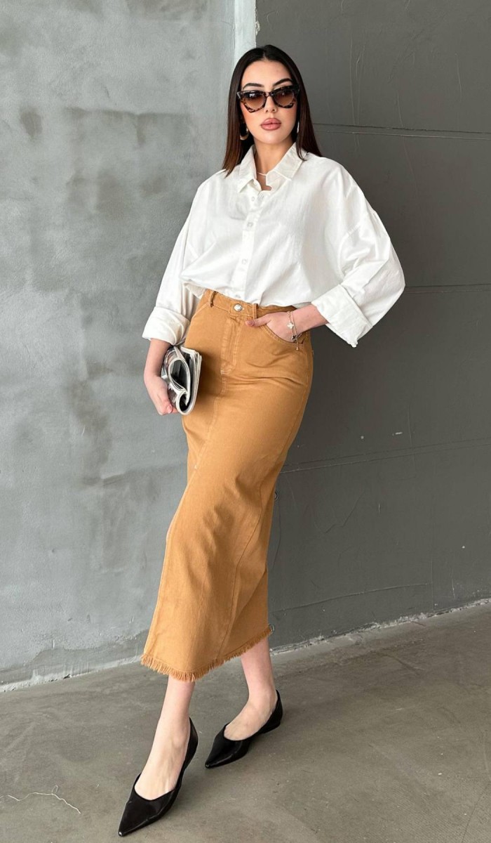 Camel Gabardin Boyamalı Püsküllü Etek L