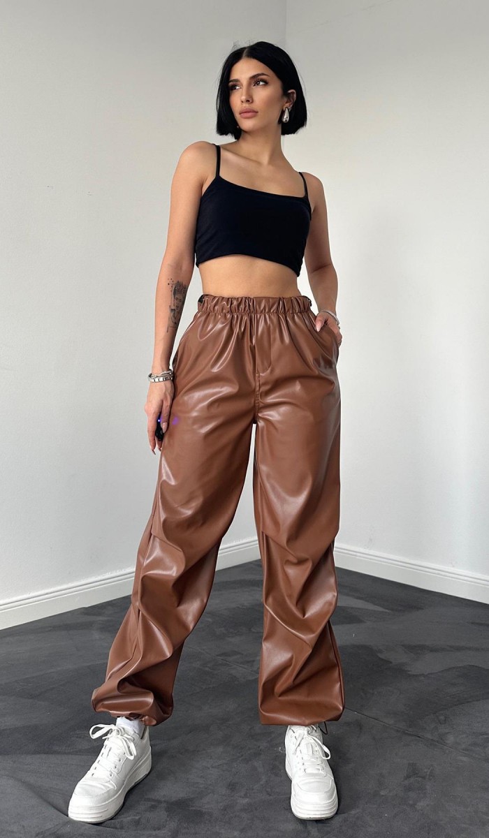 Camel Lastikli Deri Pantolon L