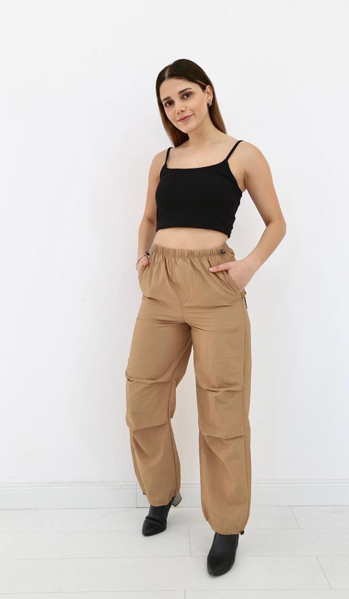 Camel Lastikli Paraşüt Pantolon L