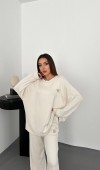 Ekru Klasik Fitilli Kazak Ve Pantolon Takım L