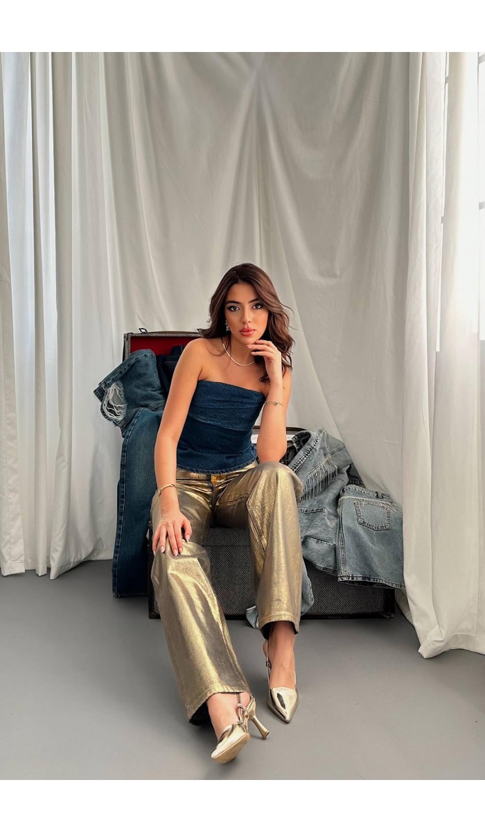 Gold Altın Varaklı Jeans Pantolon L