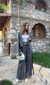 Gri Çizgili Kapüşonlu Ceket L