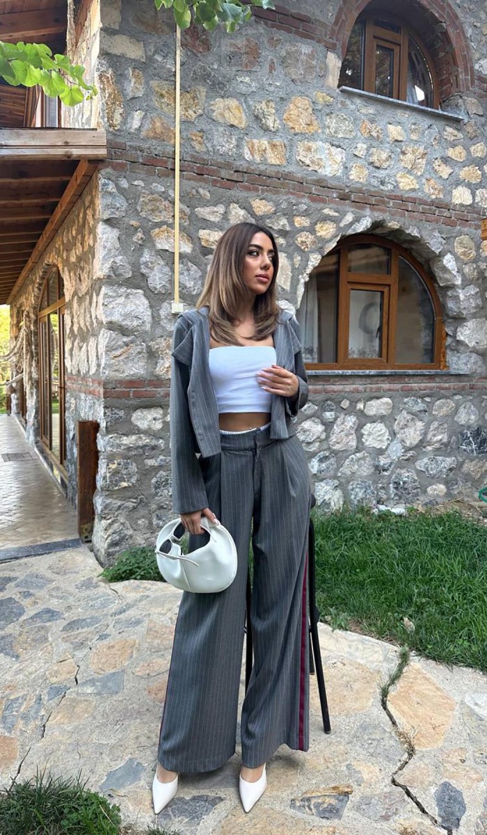 Gri Çizgili Kapüşonlu Ceket L