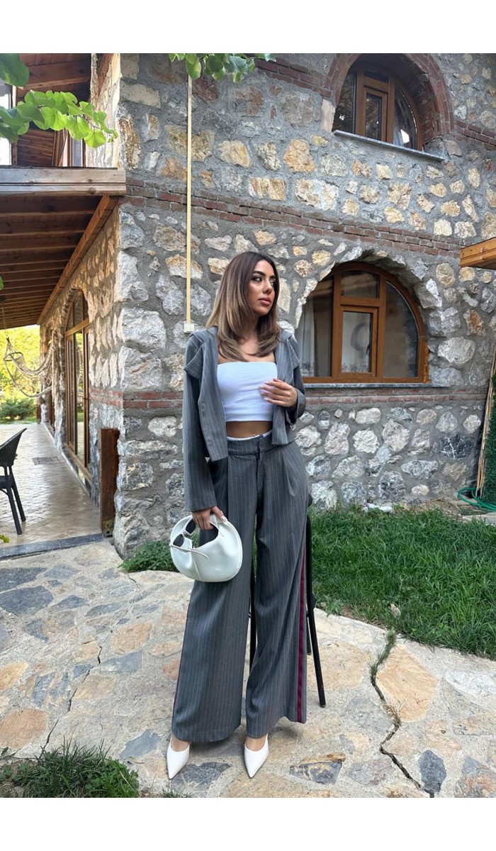 Gri Çizgili Kapüşonlu Ceket L