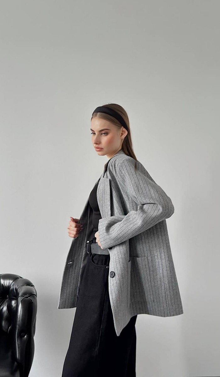 Gri Çizgili Oversize Ceket L