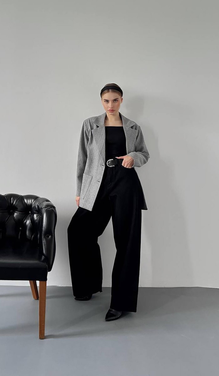 Gri Çizgili Oversize Ceket L