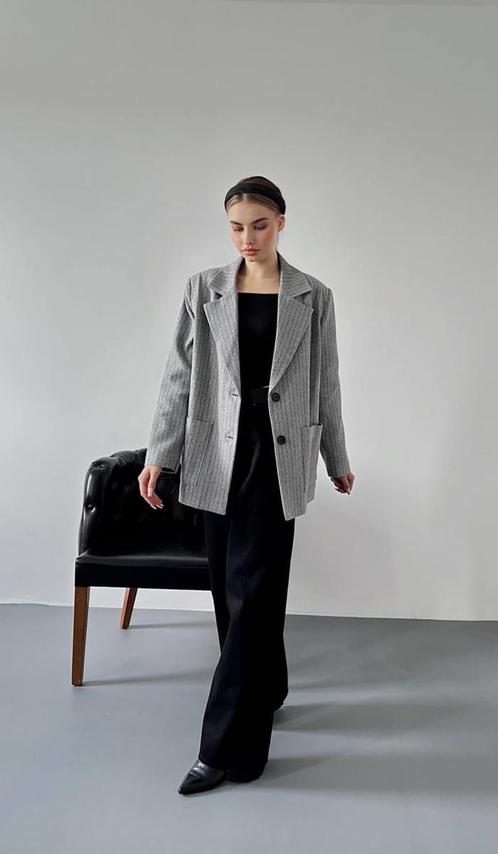 Gri Çizgili Oversize Ceket L