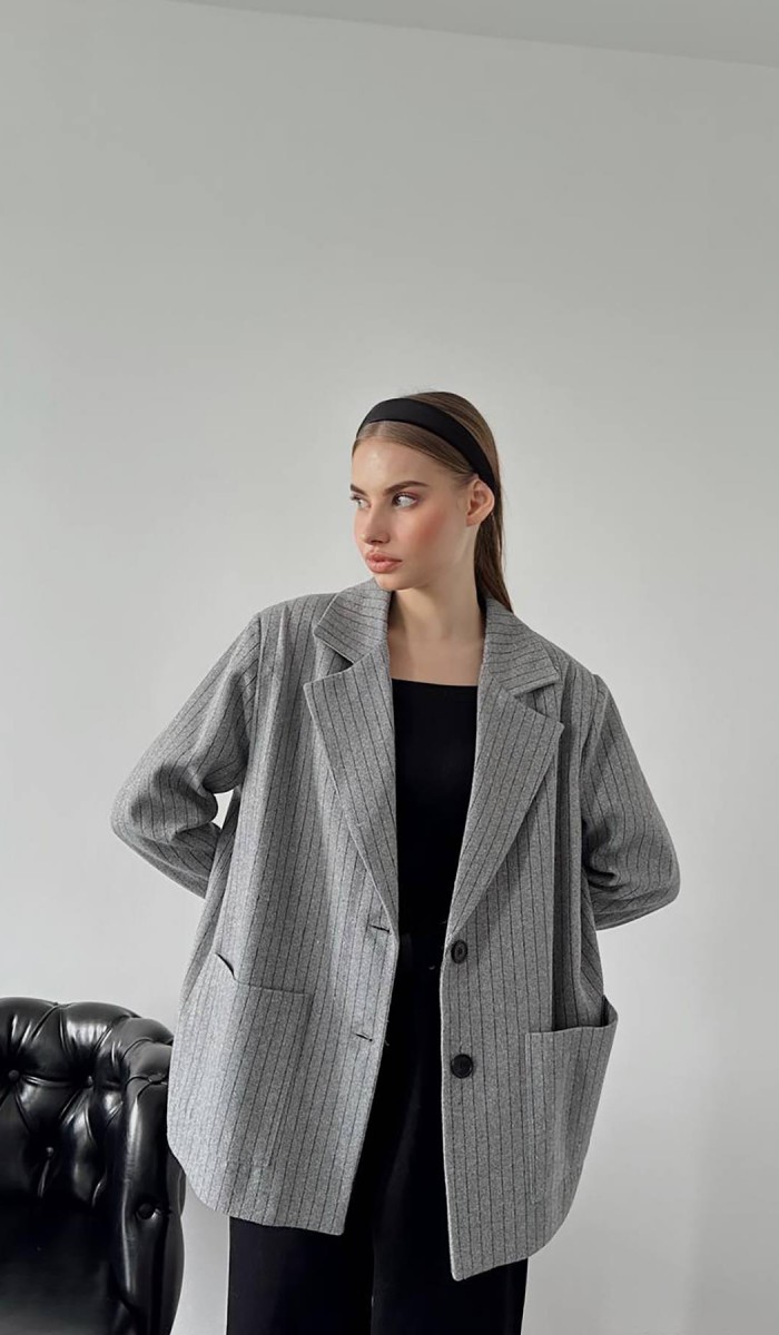 Gri Çizgili Oversize Ceket L