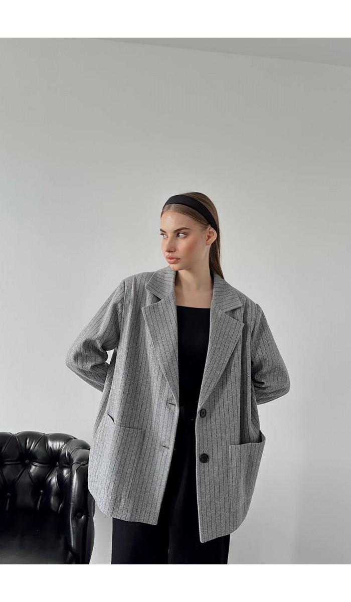 Gri Çizgili Oversize Ceket L