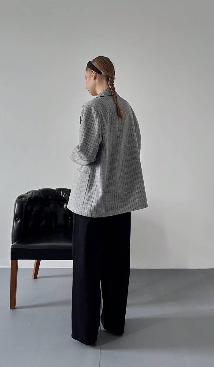 Gri Çizgili Oversize Ceket L