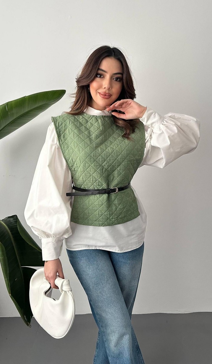 Haki Kemerli Gömlek Ve Panço Takım L