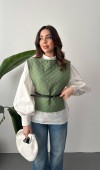 Haki Kemerli Gömlek Ve Panço Takım L