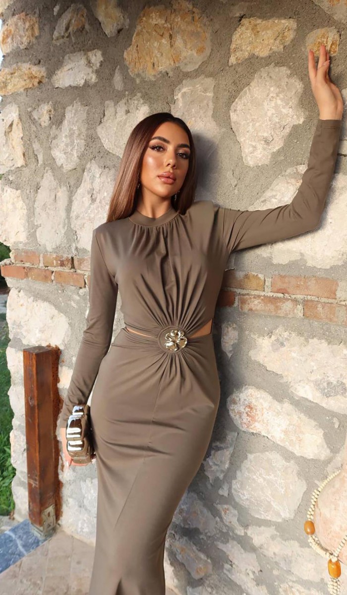 Haki Pencere Detaylı Büzgülü Elbise L