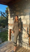 Haki Pencere Detaylı Büzgülü Elbise L