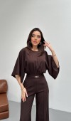 Kahverengi Bel Büzgülü Kemerı Aksesuarlı Yarasa Kol Tulum L