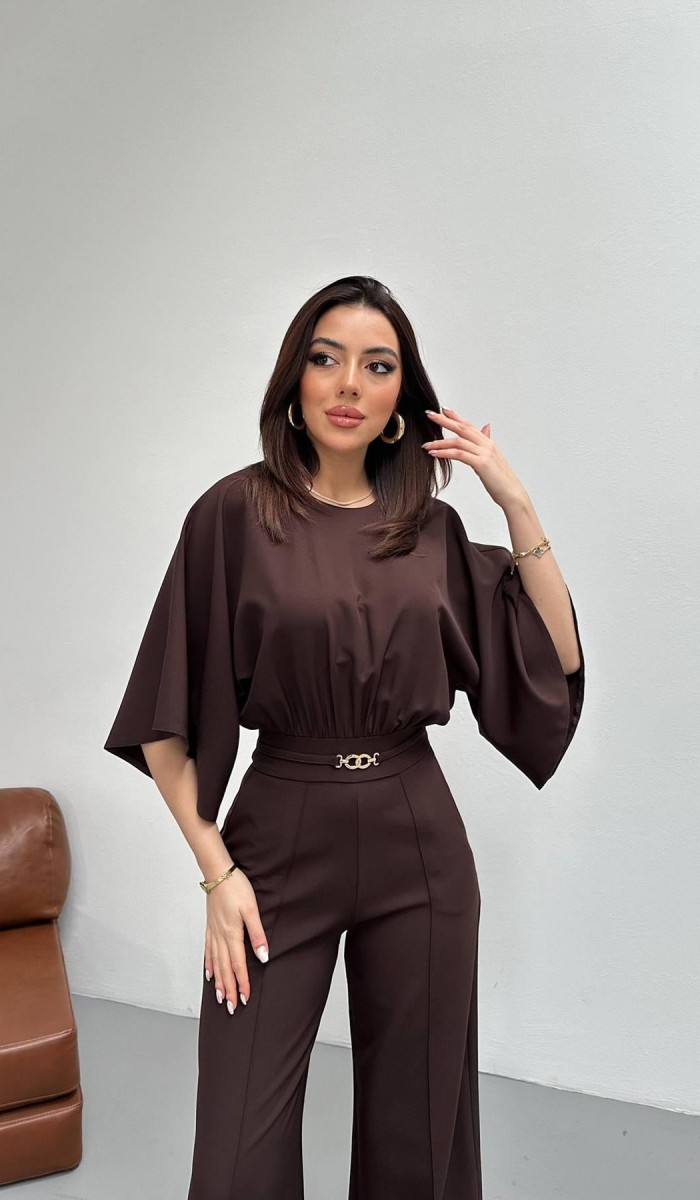 Kahverengi Bel Büzgülü Kemerı Aksesuarlı Yarasa Kol Tulum L
