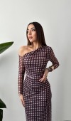 Kahverengi Ekose Desen Tül Elbise L