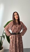 Kahverengi Fırfırlı Şifon Elbise L
