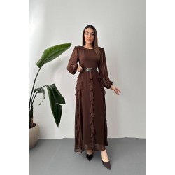 Kahverengi Kemerli Şifon Elbise L