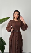 Kahverengi Kemerli Şifon Elbise L
