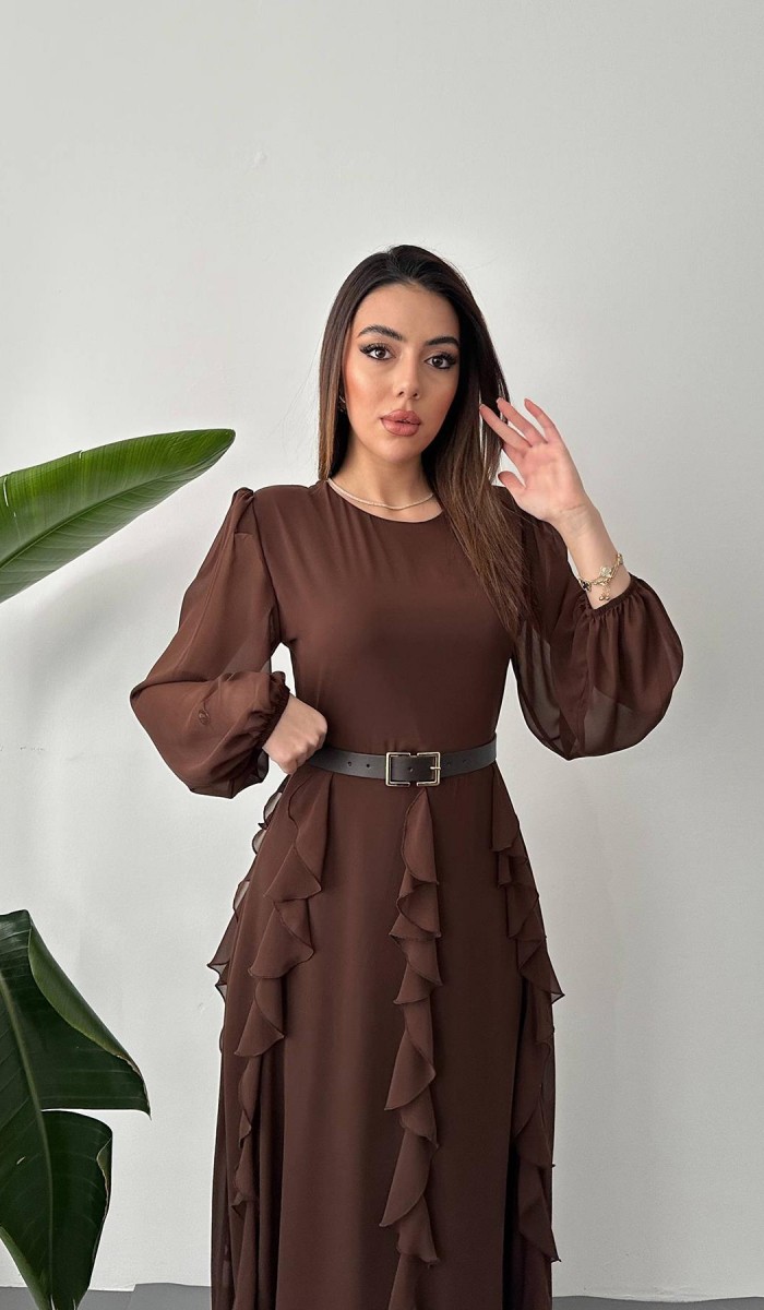 Kahverengi Kemerli Şifon Elbise L