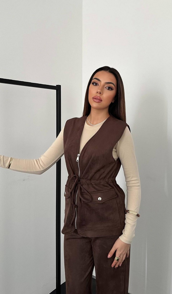Kahverengi Süet Yelek Pantolon Takım L