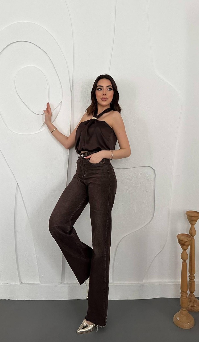 Kahverengi Toka Detaylı Bluz L