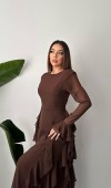 Kahverengi Volanlı Şifon Elbise L