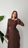 Kahverengi Volanlı Şifon Elbise L