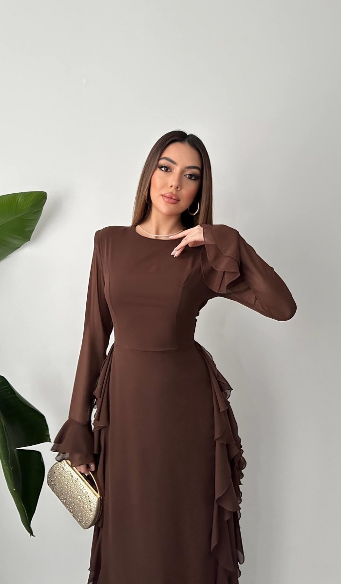 Kahverengi Volanlı Şifon Elbise L