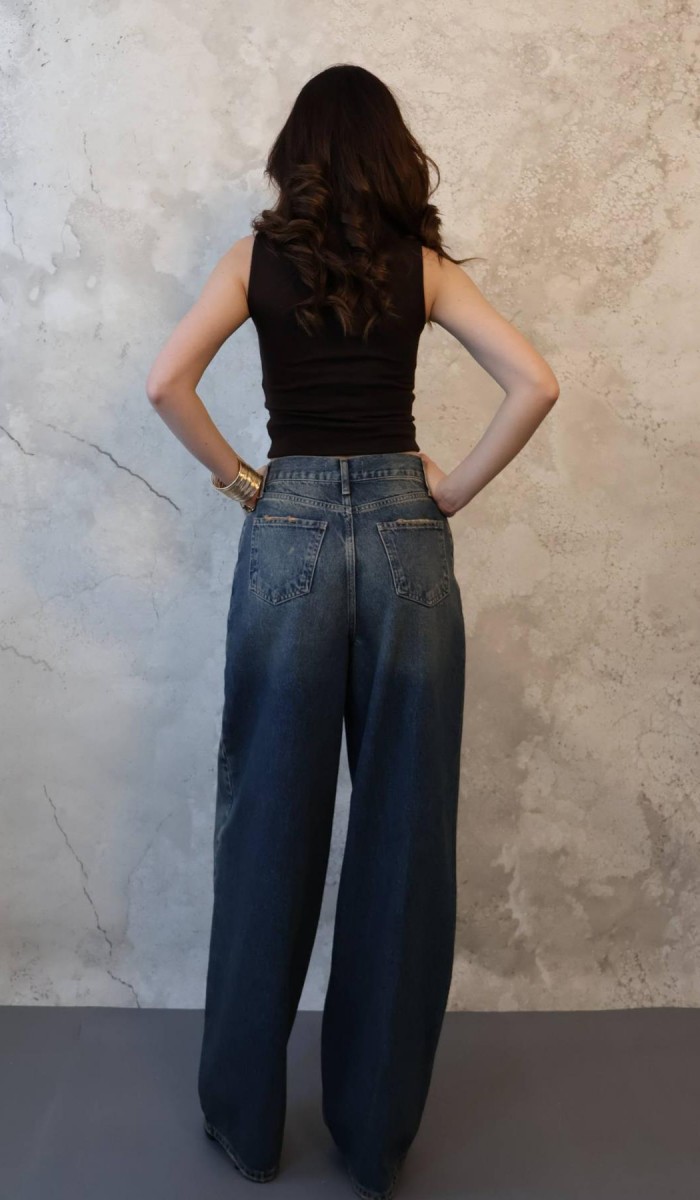 Lacivert Geniş Paça Jeans Pantolon XS