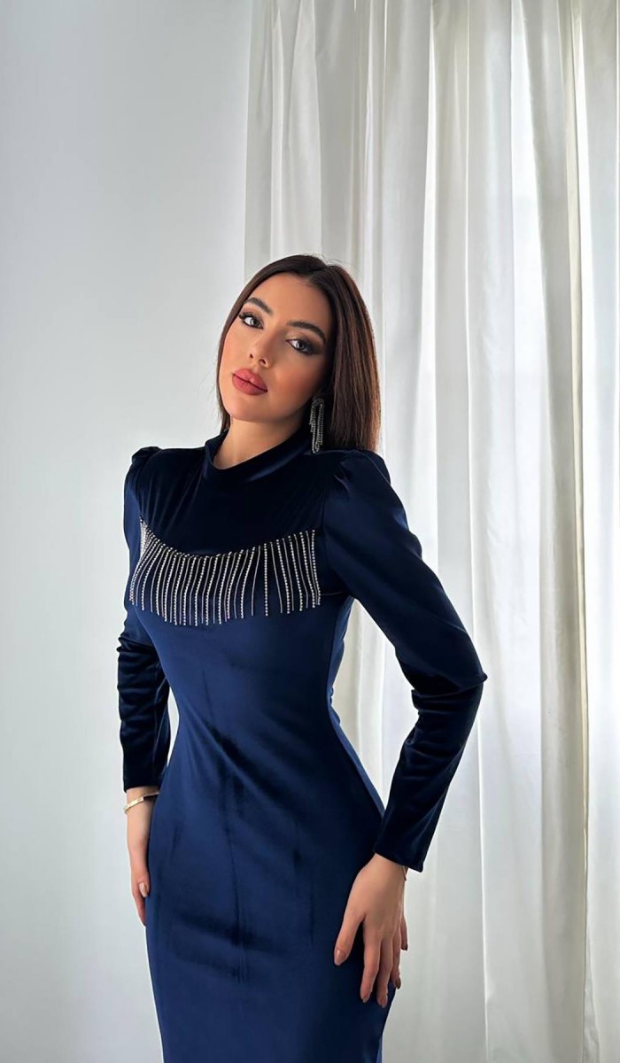 Lacivert Kadife Işıltılı Elbise L