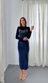 Lacivert Kadife Işıltılı Elbise L
