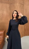 Lacivert Kare Kabartmalı Simli Uzun Elbise L