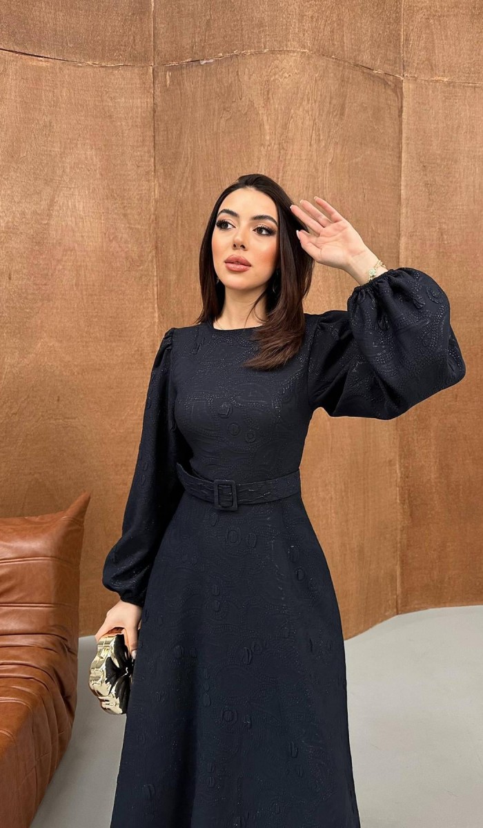 Lacivert Kare Kabartmalı Simli Uzun Elbise L